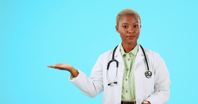 Doctor, stop or serious black woman in studio with mockup space for advertising or product placement. No, shaking head or African girl portrait in healthcare clinic with warning about risk or danger