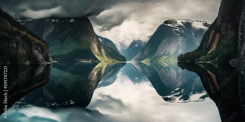 Poster the end of the fjord. stunning scenery in norway. perspective on the fjords. cloudy weather in norwa
