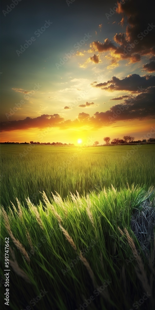 Poster springtime scene of a field with new grass and a beautiful sky at sunset. generative ai