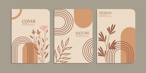 set of book cover designs with hand drawn floral decorations. abstract boho botanical background. size A4 For notebooks, planners, brochures, books, catalogs
