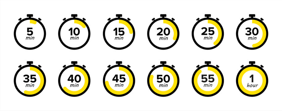 Set of timer and stopwatch icons. Kitchen timer icon with different minutes. Cooking time symbols and labels. Vector icons set.