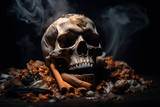 A symbolic image of a skull surrounded by smoke and cigarettes, representing the lethal effects of tobacco on human health. Conceptual and impactful. AI Generative No Tobacco Day