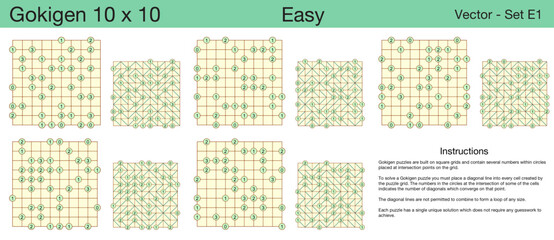 5 Easy Gokigen 10 x 10 Puzzles. A set of scalable puzzles for kids and adults, which are ready for web use or to be compiled into a standard or large print activity book.