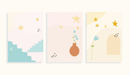  cards set with flowers, stars, crescent moon, stairs, arch , mid-century modern vector template