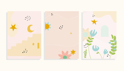 Fototapeta na wymiar spring cards set with flowers, stars, crescent moon, stairs, arch , mid-century modern vector template