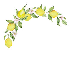 Obraz premium Wreath of watercolor lemons, flowers and leaves