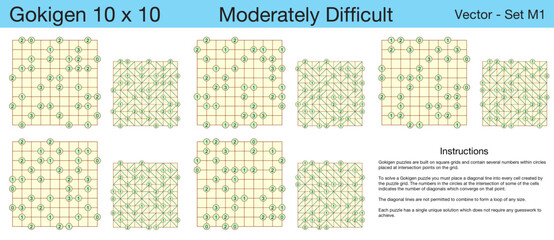 5 Moderately Difficult Gokigen 10 x 10 Puzzles. A set of scalable puzzles for kids and adults, which are ready for web use or to be compiled into a standard or large print activity book.