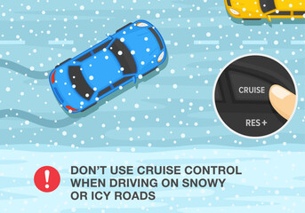 Winter season safe car driving tips and rules. Don't use cruise control when driving on snowy or icy roads. Top view. Flat vector illustration template.