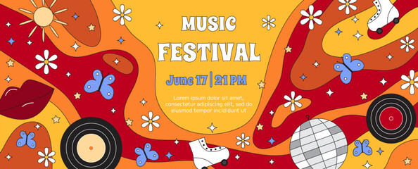 Vector groovy retro music festival invitation banner template. Disco ball, rolls, music records on psychedelic background. Trendy 70s surreal poster for event.