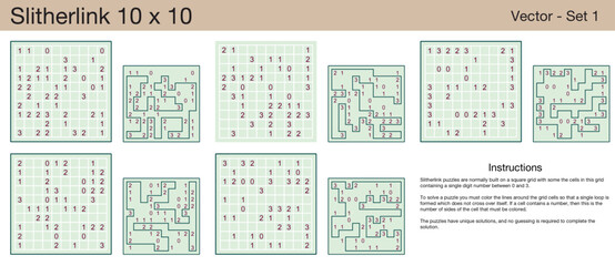 5 Slitherlink 10 x 10 Puzzles. A set of scalable puzzles for kids and adults, which are ready for web use or to be compiled into a standard or large print activity book.