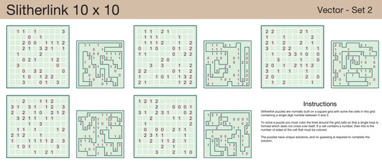5 Slitherlink 10 x 10 Puzzles. A set of scalable puzzles for kids and adults, which are ready for web use or to be compiled into a standard or large print activity book.