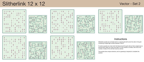 5 Slitherlink 12 x 12 Puzzles. A set of scalable puzzles for kids and adults, which are ready for web use or to be compiled into a standard or large print activity book.