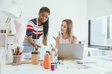 Tailor Dressmaker Professional Fashion Clothes Designer Team Work Working Together at Clothing Studio Workshop