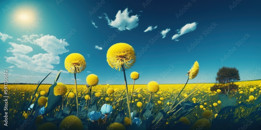 Poster on a field with dandelions and a lovely sky. the thought and feeling of springtime peace and calm ge
