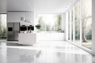 modern kitchen with a spacious window and a stainless steel refrigerator. Generative AI