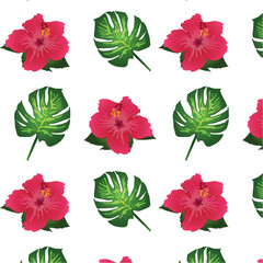 Tropical flower, Hibiscus flower, tropical floral background art illustration and palm leaf art on background.Seamless vector pattern.