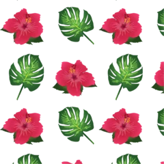 Papier Peint photo Plantes tropicales Tropical flower, Hibiscus flower, tropical floral background art illustration and palm leaf art on background.Seamless vector pattern.