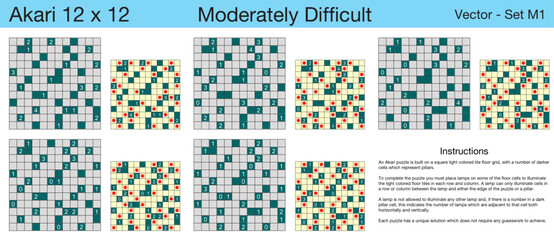 5 Moderately Difficult Akari 12 x 12 Puzzles. A set of scalable puzzles for kids and adults, which are ready for web use or to be compiled into a standard or large print activity book.