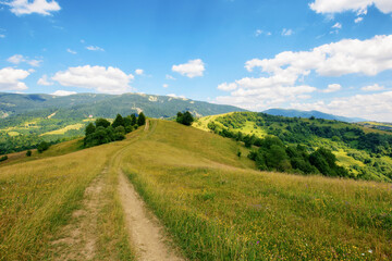 Fototapeta na wymiar country road down the hills and meadows rolling in to the distant valley. mountainous countryside landscape of ukrainian carpathians in summer