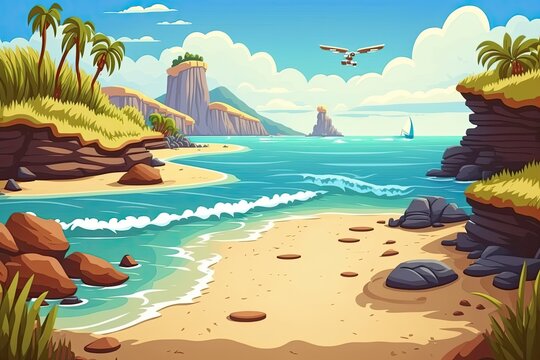 serene beach scene with a bird in flight. Generative AI