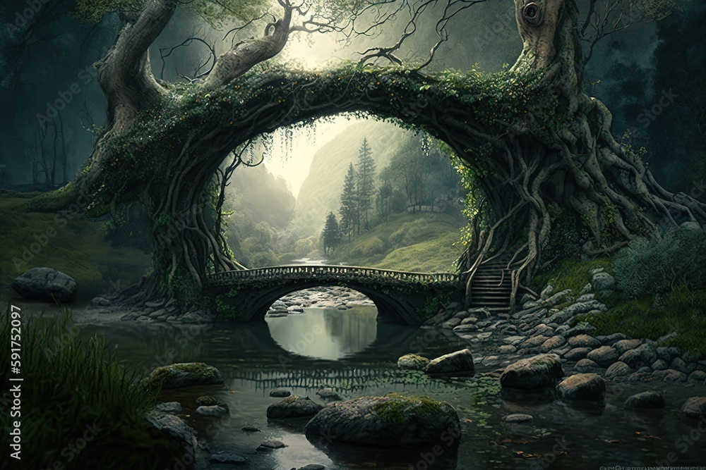 Poster bridge in an elf woodland with a tree in the middle generative ai