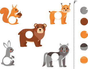 Cut and glue game for kids. Cute woodland animals.