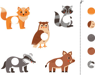 Cut and glue game for kids. Cute woodland animals.