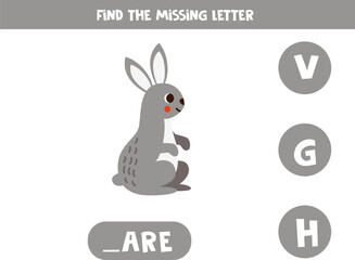 Find missing letter. Cute cartoon hare. Educational spelling game for kids.