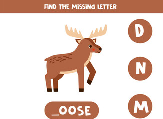 Find missing letter with cartoon moose. Spelling worksheet.