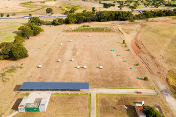 Aerial view of an archery field showing targets