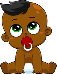 African American Baby Boy Cartoon Character Sitting With Pacifier In Mouth And Diapers. Hand Drawn Illustration Isolated On Transparent Background