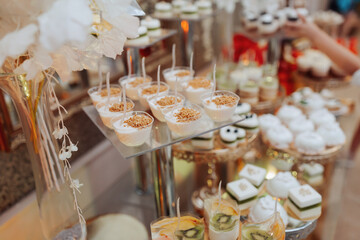 A delicious wedding. Candy bar for a banquet. Celebration concept. Fashionable desserts. Table with sweets, candies. Fruits