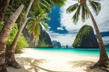 Plakat el nido, the Philippines, is home to a stunningly beautiful exotic beach with white sand and towering palm palms. Generative AI