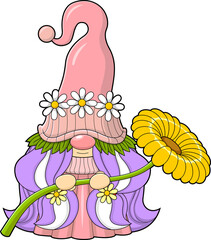 Cute Female Gnome Cartoon Character Holding A Flower. Hand Drawn Illustration Isolated On Transparent Background