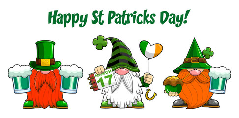 Cute Gnomes Cartoon Characters With Text Happy St Patricks Day. Hand Drawn Illustration Isolated On Transparent Background