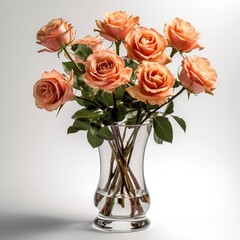 Elevated Elegance: Summer Roses Flowers in a Tall Slim Vase, Isolated on White Background - Generative AI