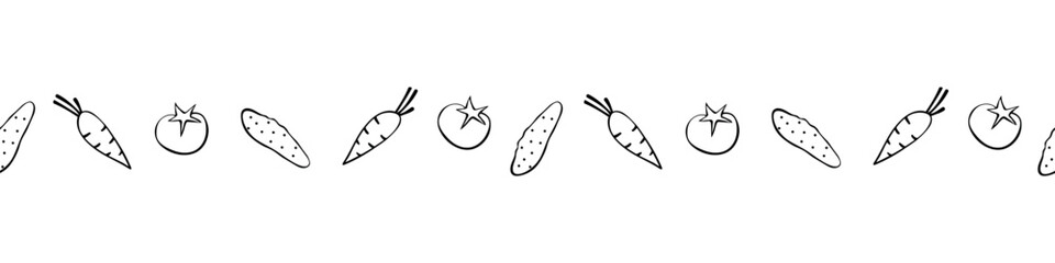 Edging, ribbon, border of outline fresh vegetables- cucumbers, tomatoes, carrots. Simple doodle ornament, decorative element, divider for cooking theme, menu, kitchen design