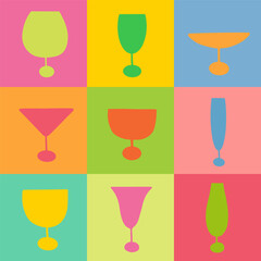 Checkered colourful Cocktail glasses silhouette seamless pattern.