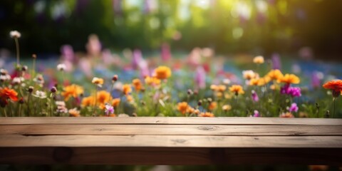 Empty wooden table in flowers garden blurred background, Free space for product display. Generative Ai