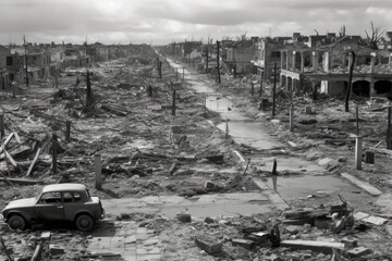 Black And White Photo Of Destroyed City With Rubble And Debris Everywhere. Generative AI