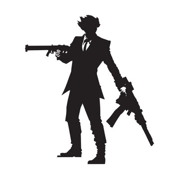 Mafia silhouette vector, Detective silhouette vector isolated, Gangster Pose. Joker with gun silhouette vector. joker silhouette.