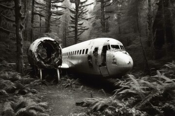 Black And White Photo Of Crashed Plane In Forest. Generative AI