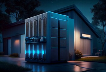 concept of a home battery energy storage system located in the garage of a modern family house in a futuristic blue light illuminating the evening atmosphere of a quiet street. 3d. Generative AI