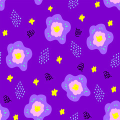 flower and abstract elements seamless pattern on violet background. Botanical illustration for cover design,home decor,nightclothes, spring texture for textile and fabric design