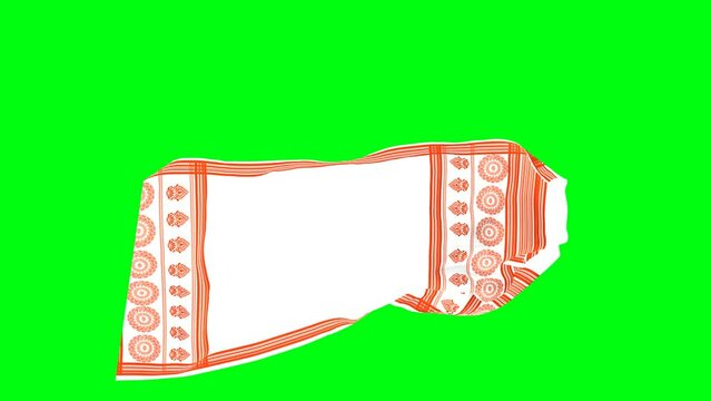 Assamese Gamosa or Gamusa embroidery motifs fabric wave loop. muga silk cloth fluttering in the wind or waving red and white cloth. red Indian pattern. n green screen