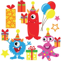 Fotobehang Cute birthday party monsters vector cartoon illustration © primus44