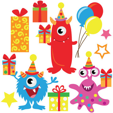 Cute birthday party monsters vector cartoon illustration