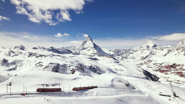 Aerial view of swiss alps train in Zermatt ski resort with Matterhorn mountain in winter