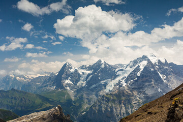 The view of Birg from Piz Gloria restaurant at the summit of the Schilthorn, overlooking the Swiss Alps