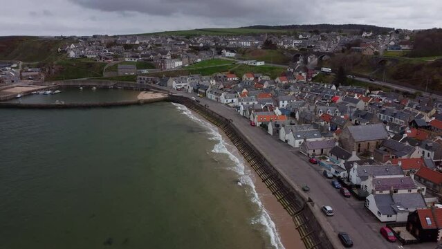 The charm of the Scottish coast: Aerial views of Cullen Beach in a stock video